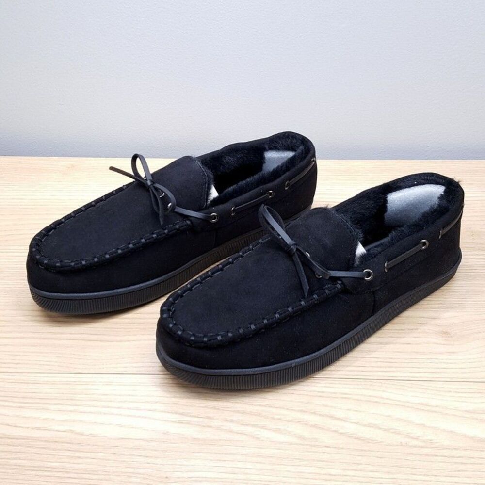 CLUB ROOM Mens Moccasin Slippers Size 6 7 Black Slip On Plush Lined Comfort